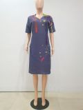 Ink Jet Print V Neck Casual Loose Dress NYF-8048