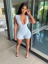 Solid Ribbed Sleeveless V Neck Bodycon Romper HM-6516