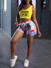 Casual Printed Vest Drawstring Shorts Two Piece Sets FSL-148