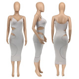 Solid Sexy Spaghetti Strap Hollow Out Midi Dress GLF-8148