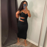 Solid Sexy Spaghetti Strap Hollow Out Midi Dress GLF-8148