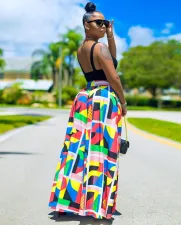 Plus Size Casual Printed Pocket High Waist Wide Leg Pants SXF-3109