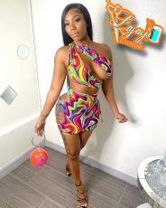 Sexy Printed Off Shoulder Lace Up Hollow Club Dress SXF-2107