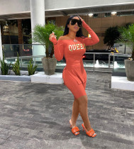 Queen Letter Split Long Sleeve Top+Shorts 2 Piece Sets SXF-3110