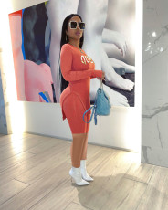 Queen Letter Split Long Sleeve Top+Shorts 2 Piece Sets SXF-3110