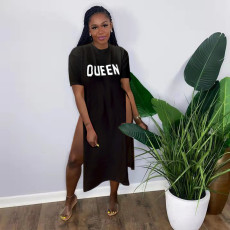 QUEEN Letter Print High Split Short Sleeve T Shirt Dress QZX-6200