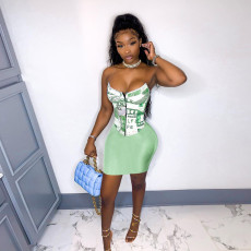 Sexy Dollar Print Strap Top Mini Skirt 2 Piece Sets JPF-1032
