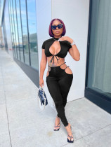 Sexy Solid Lace Up Short Sleeve 2 Piece Suits QZX-6198
