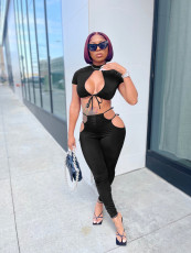 Sexy Solid Lace Up Short Sleeve 2 Piece Suits QZX-6198