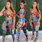 Plaid Print Crop Top suspender Pants 2 Piece Sets OLYF-6048