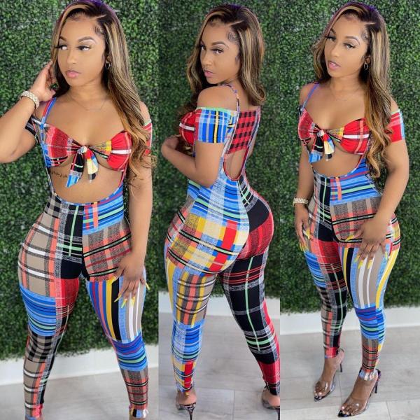 Plaid Print Crop Top suspender Pants 2 Piece Sets OLYF-6048