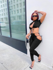 Sexy Solid Lace Up Short Sleeve 2 Piece Suits QZX-6198