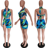 Sexy Printed Halter Hollow Out Mini Dress BGN-042