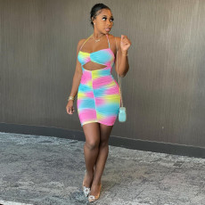 Sexy Printed Strappy Ruched Bodycon Mini Dress DMF-8168