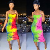 Tie Dye Print Cross Strap Backless Slim Midi Dress BGN-BN058
