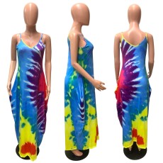 Tie Dye Print Sleeveless Strap Maxi Dress QZX-6197