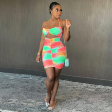 Sexy Printed Strappy Ruched Bodycon Mini Dress DMF-8168