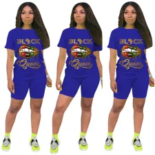 Plus Size 4XL Lips Letter Print Two Piece Shorts Set FSL-090