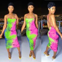 Sexy Tie Dye Print Backless Cross Strap Midi Dress BGN-BN058-1