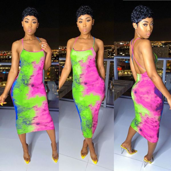 Tie Dye Print Cross Strap Backless Slim Midi Dress BGN-BN058