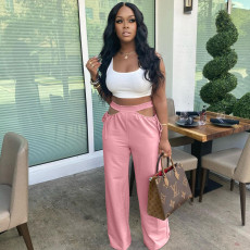 Solid Hollow Out Wide Leg Pants LP-6285