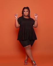 Plus Size Fat MM Solid Short Sleeve Two Piece Sets LP-6286