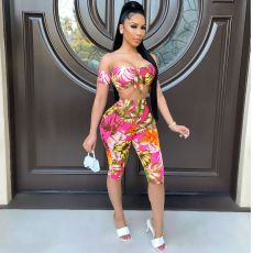 Floral Print Off Shouder Capri Pants 2 Piece Sets TR-1127