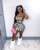 Houndstooth Print Cami Top Mini Skirt Two Piece Sets LM-8229