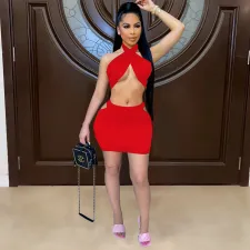 Sexy Solid Wrap Chest Holow Mini Skirt 2 Piece Sets YIBF-6060