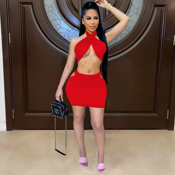 Sexy Solid Wrap Chest Hollow Mini Skirt 2 Piece Sets YIBF-6060