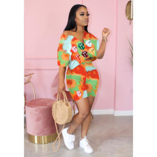 Tie Dye Lip Print Casual Two Piece Short Sets OY-6279
