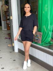 Solid T Shirt Pocket Shorts Casual Two Piece Sets TR-1131