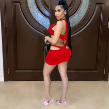 Sexy Solid Wrap Chest Hollow Mini Skirt 2 Piece Sets YIBF-6060