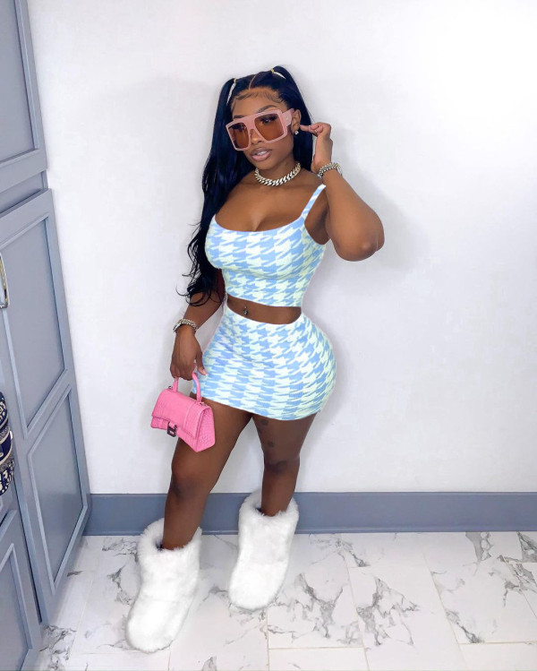Houndstooth Print Cami Top Mini Skirt Two Piece Sets LM-8229