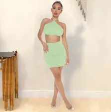 Sexy Solid Halter Crop Top Mini Skirt Two Piece Sets YIBF-6061