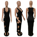 Solid Color Sexy Hole Low Cut Sleeveless Maxi Dress LSD-9136
