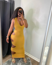 Solid Color Sexy Hole Low Cut Sleeveless Maxi Dress LSD-9136