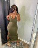 Solid Color Sexy Hole Low Cut Sleeveless Maxi Dress LSD-9136