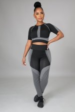 Fitness Yoga Printed Short Sleeve High Waist 2 Piece Sets LSD-9127