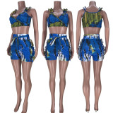 Sexy Printed Ruffled Sleeveless 2 Piece Short Sets MDF-5252