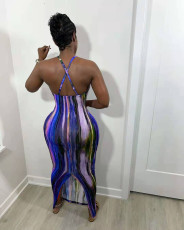 Tie Dye Print Backless Cross Strap Split Maxi Dress NYF-8056
