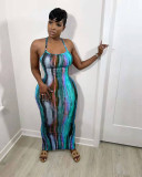 Tie Dye Print Backless Cross Strap Split Maxi Dress NYF-8056