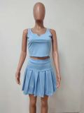 Solid Color Sleeveless Pleated Mini Skirt Two Piece Sets LSD-9121
