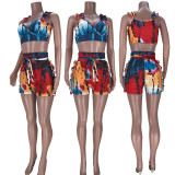 Sexy Printed Ruffled Sleeveless 2 Piece Short Sets MDF-5252