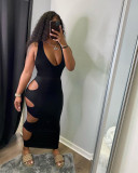 Solid Color Sexy Hole Low Cut Sleeveless Maxi Dress LSD-9136