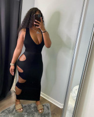 Solid Color Sexy Hole Low Cut Sleeveless Maxi Dress LSD-9136