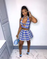 Sexy Plaid Halter Top Pleated Mini Skirt 2 Piece Sets NYF-8053