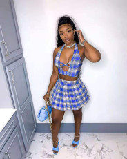 Sexy Plaid Halter Top Pleated Mini Skirt 2 Piece Sets NYF-8053