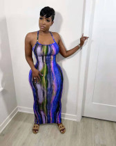 Tie Dye Print Backless Cross Strap Split Maxi Dress NYF-8056