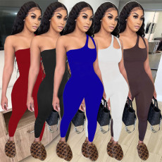 Solid One Shoulder Sleeveless Tight Jumpsuit MOF-6621